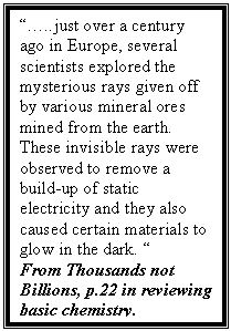 Text Box: ..just over a century ago in Europe, several scientists explored the mysterious rays given off by various mineral ores mined from the earth. These invisible rays were observed to remove a build-up of static electricity and they also caused certain materials to glow in the dark.   
From Thousands not Billions, p.22 in reviewing basic chemistry.

